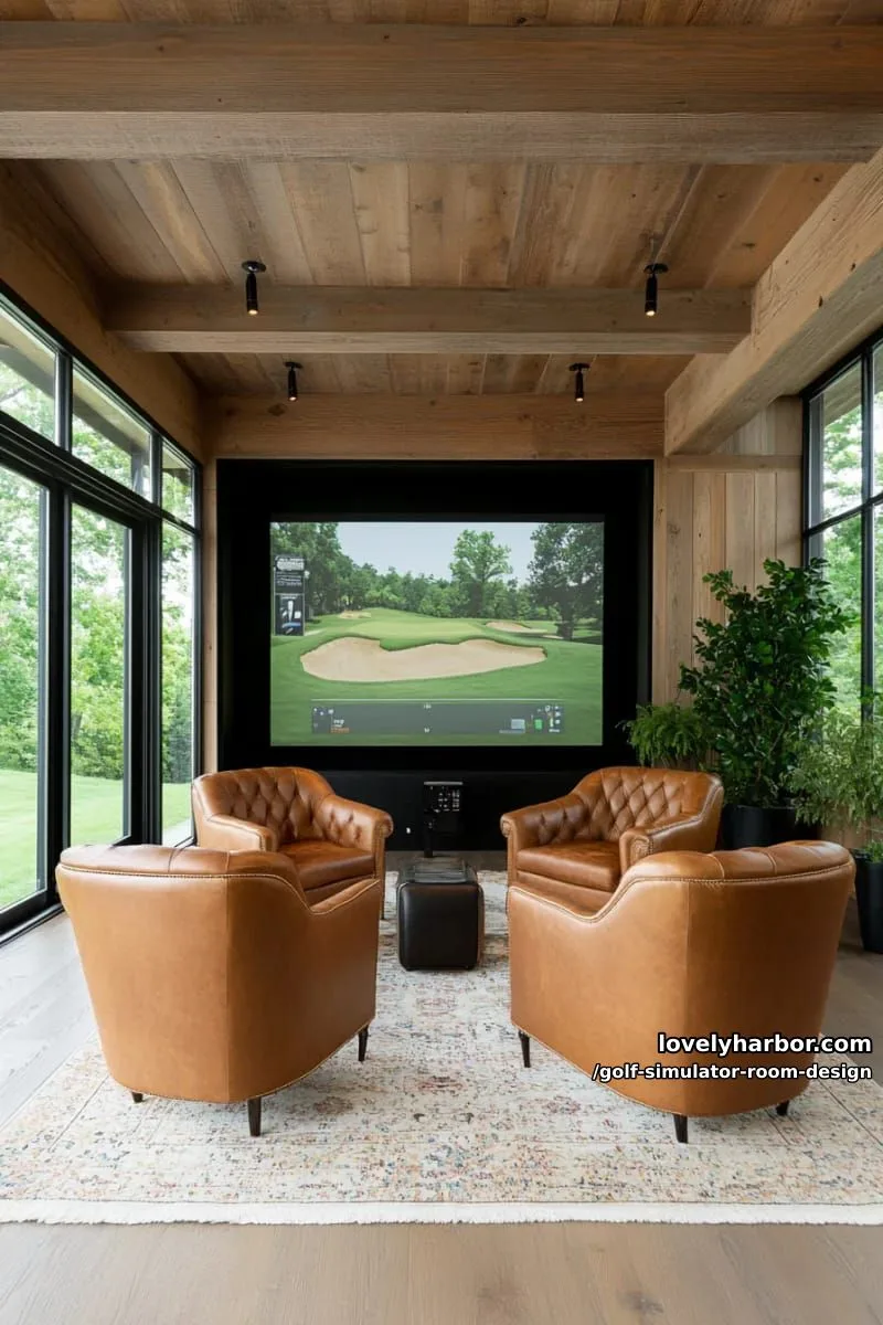 15 Chic Golf Simulator Room Designs to Help Update Your Space! 2 cozy golf simulator loft with exposed wood beams and vintage leather club chairs 1