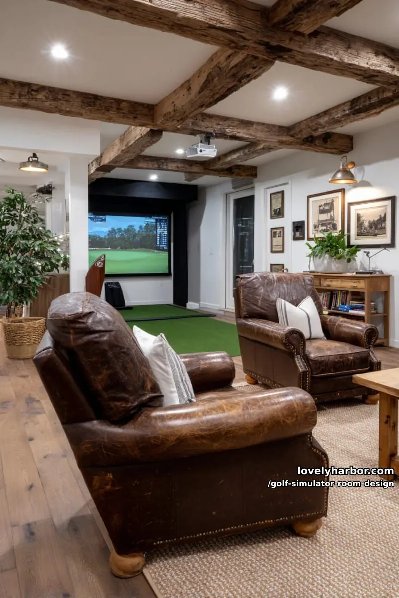 15 Chic Golf Simulator Room Designs to Help Update Your Space! 3 cozy golf simulator loft with exposed wood beams and vintage leather club chairs 1