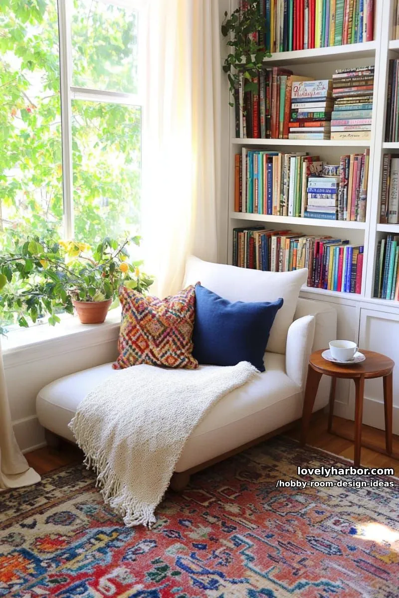 15 Inspiring Hobby Room Design Ideas You’ll Love 7 cozy reading nook built into window bay, surrounded by built-in bookcases 1