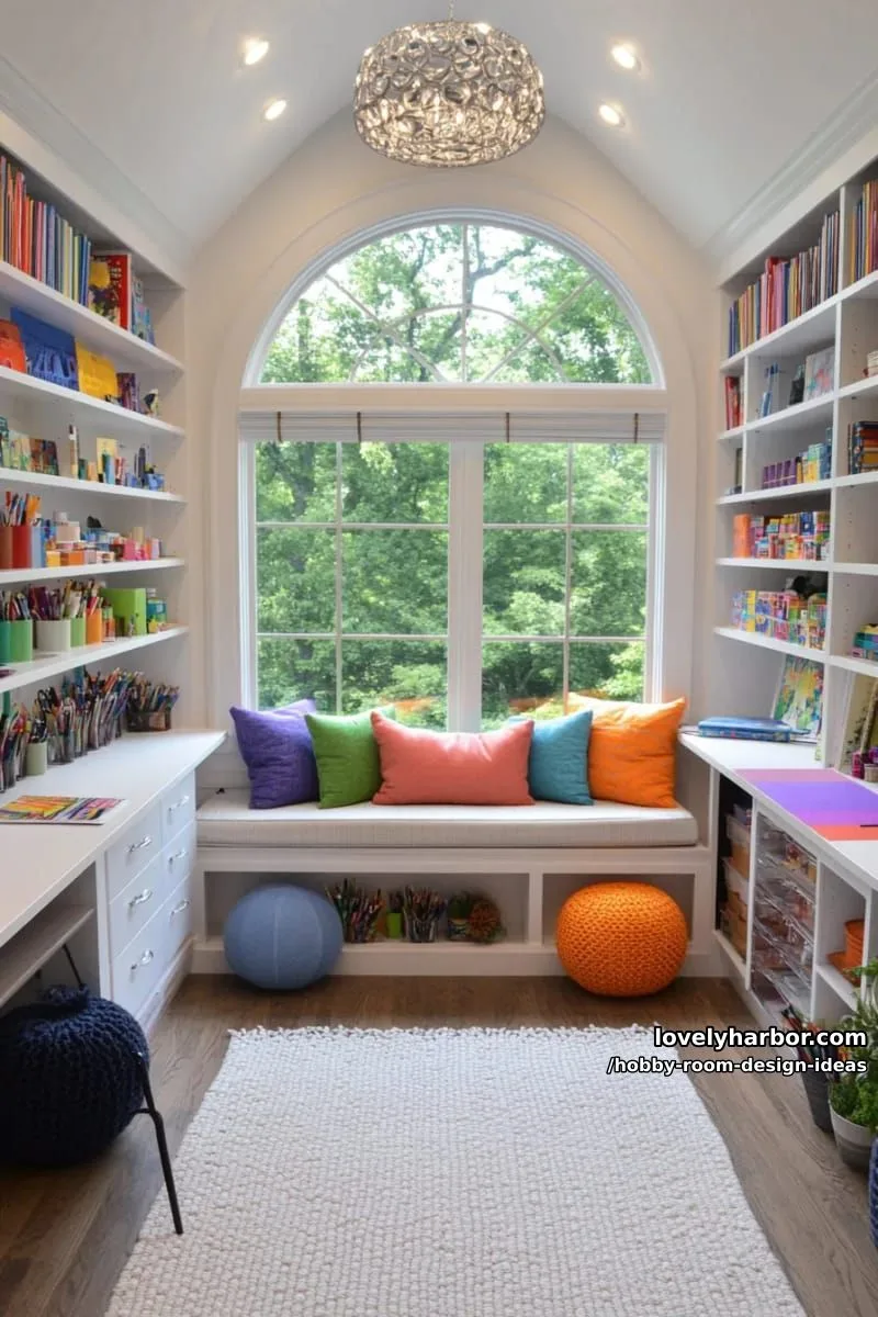 15 Inspiring Hobby Room Design Ideas You’ll Love 8 cozy reading nook built into window bay, surrounded by built-in bookcases 1