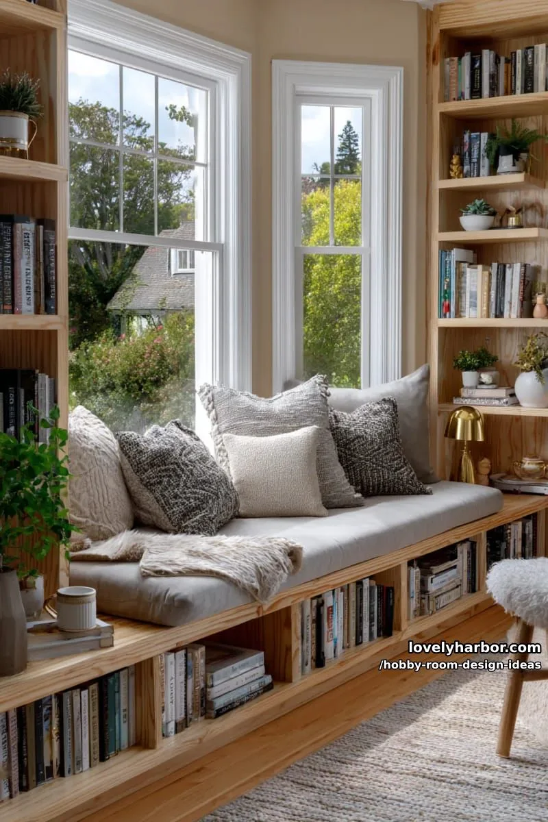 15 Inspiring Hobby Room Design Ideas You’ll Love 9 cozy reading nook built into window bay, surrounded by built-in bookcases 1