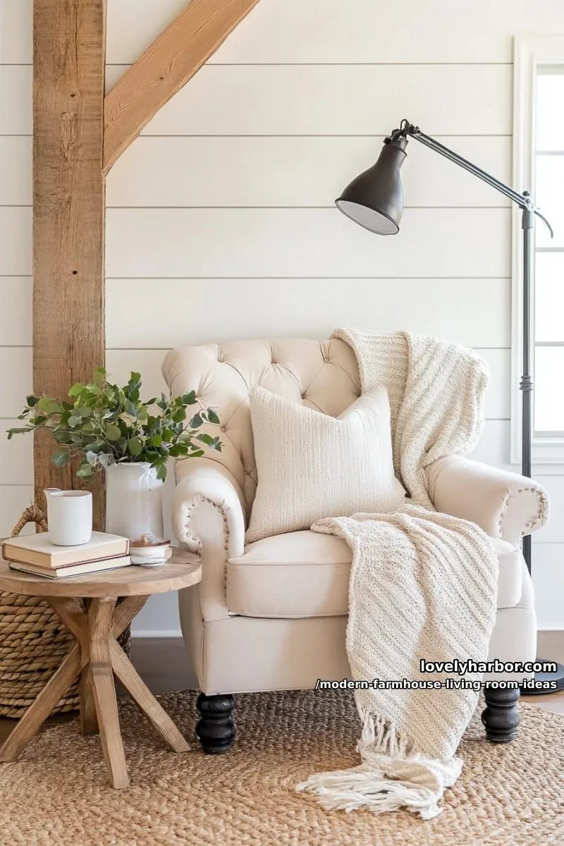 15 Modern Farmhouse Living Room Ideas for a Fresh Atmosphere 8 cozy reading nook under exposed wood beams with a tufted armchair 1