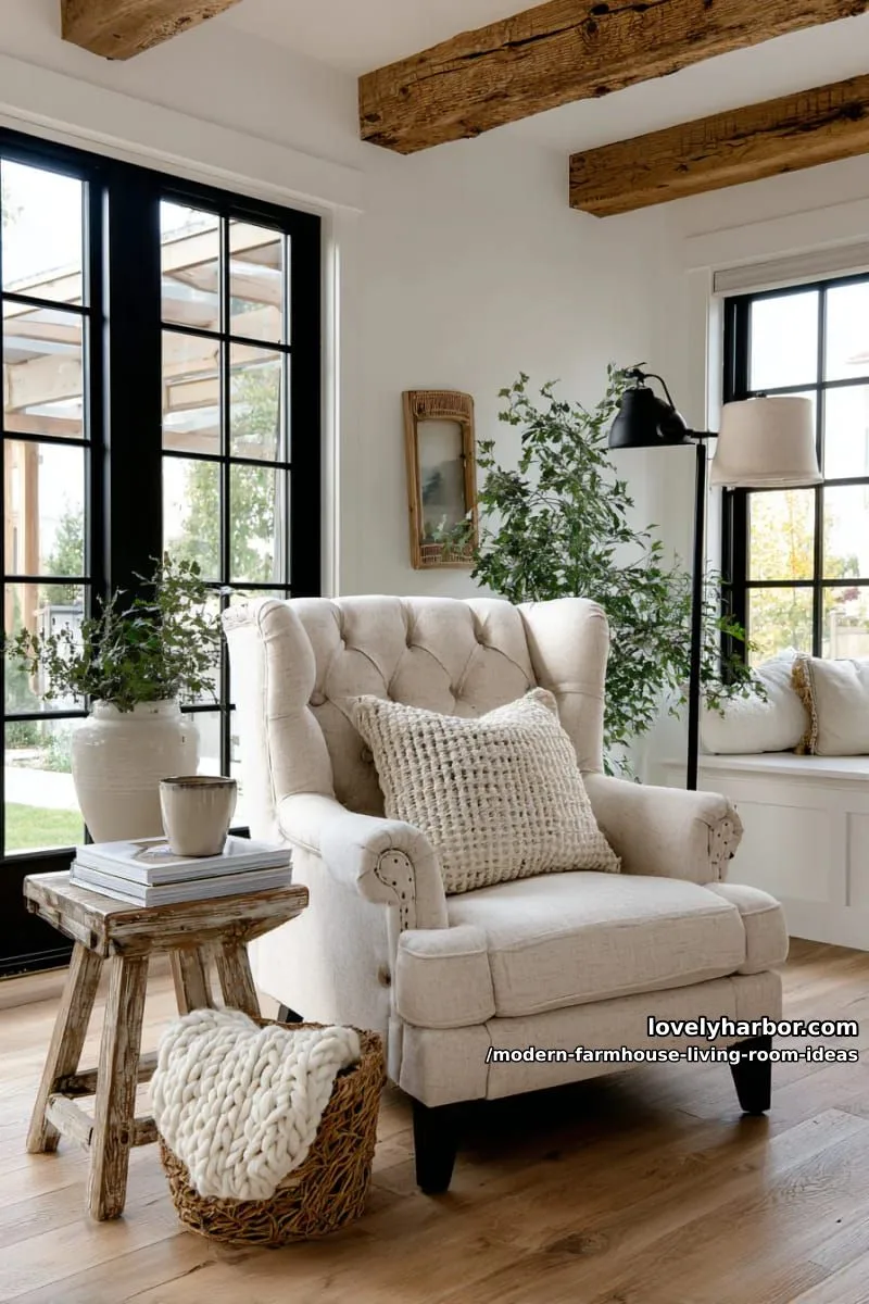 15 Modern Farmhouse Living Room Ideas for a Fresh Atmosphere 9 cozy reading nook under exposed wood beams with a tufted armchair 1