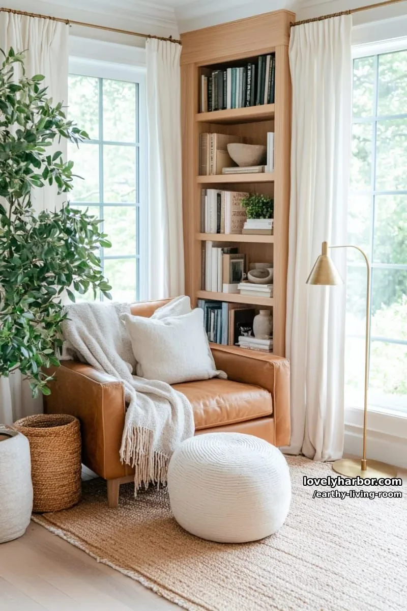 Bring Nature Indoors: 15 Earthy Living Room Designs to Inspire 17 cozy reading nook with caramel leather armchair and chunky knit pouf 1