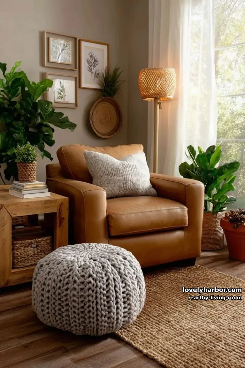 Bring Nature Indoors: 15 Earthy Living Room Designs to Inspire 18 cozy reading nook with caramel leather armchair and chunky knit pouf 1