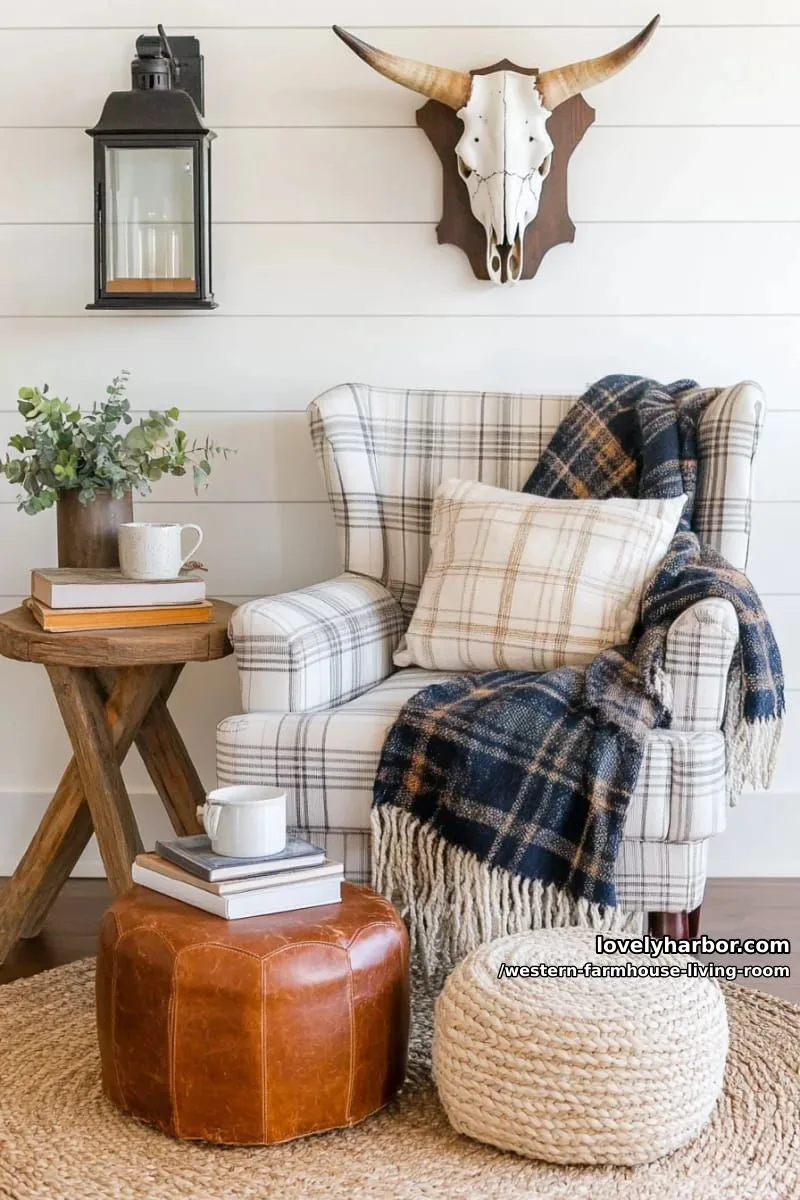 cozy reading nook with plaid armchair, cow skull wall art, and wool blanket 1