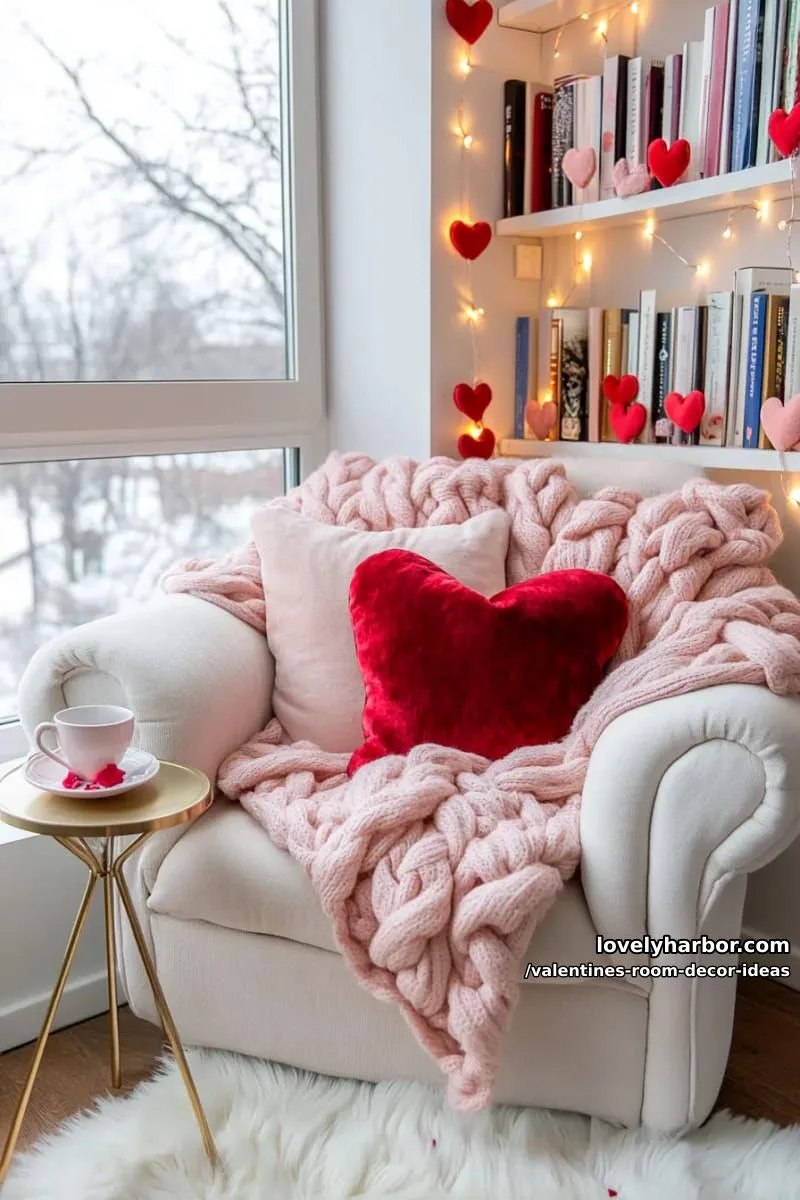 15 Valentine's Room Decor Ideas for a Romantic Ambiance 21 cozy reading nook with plush pink pillows and velvet heart garlands 1