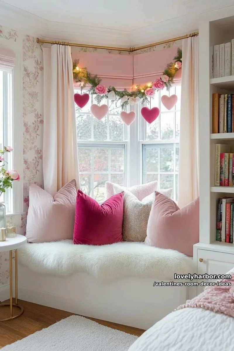 15 Valentine's Room Decor Ideas for a Romantic Ambiance 22 cozy reading nook with plush pink pillows and velvet heart garlands 1