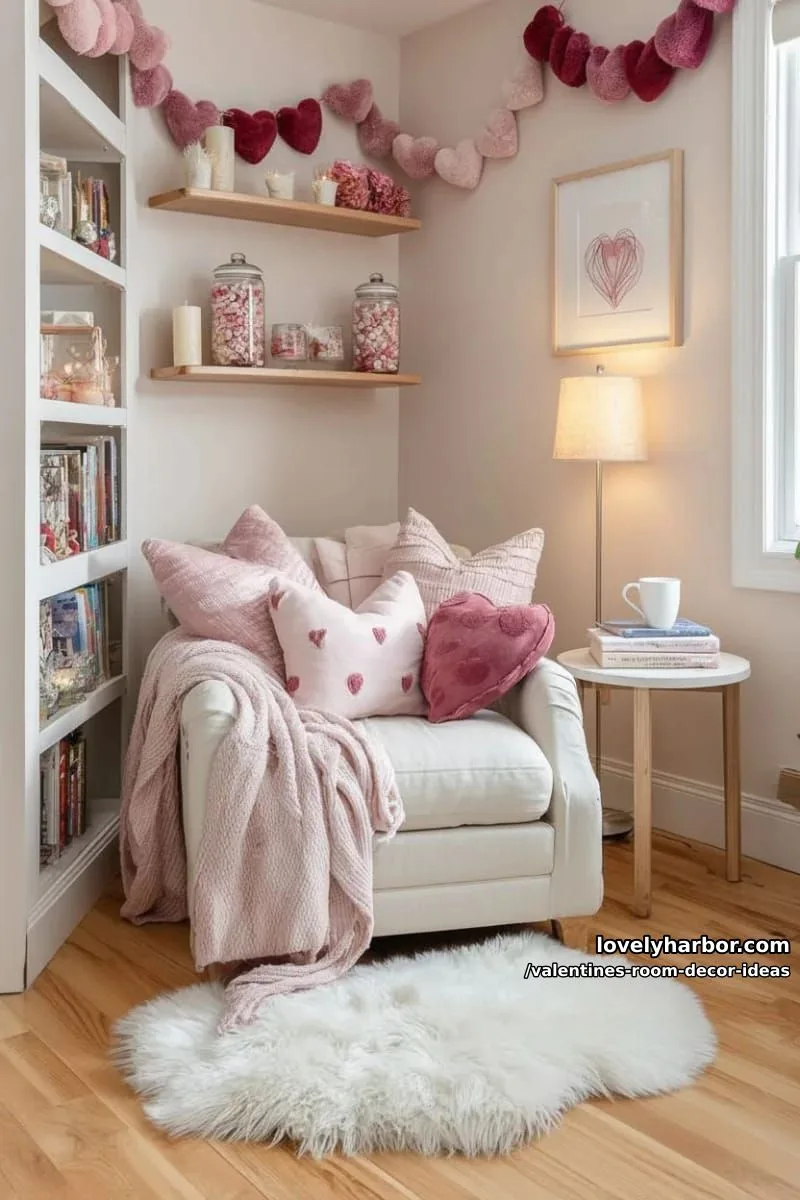 15 Valentine's Room Decor Ideas for a Romantic Ambiance 27 cozy reading nook with plush pink pillows and velvet heart garlands 1