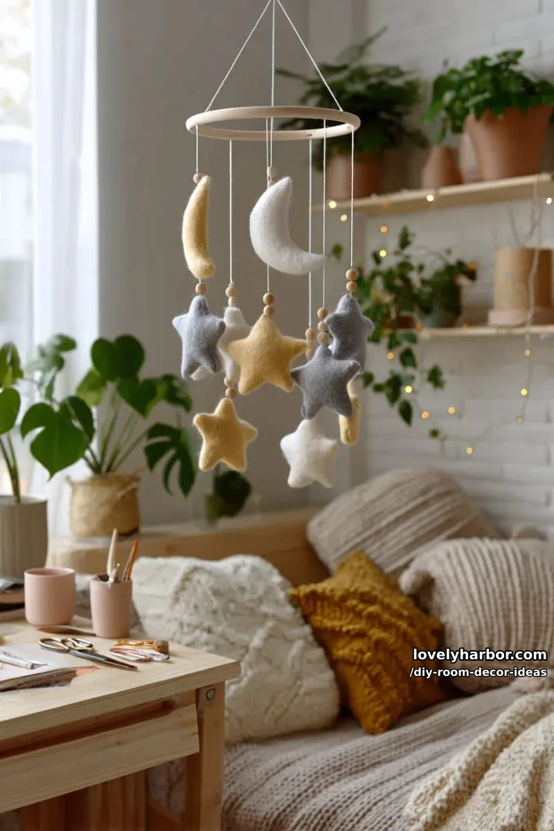 15 Creative DIY Room Decor Ideas to Add Color to Your Space 15 craft a moon and stars mobile using felt and wooden beads for celestial charm 1