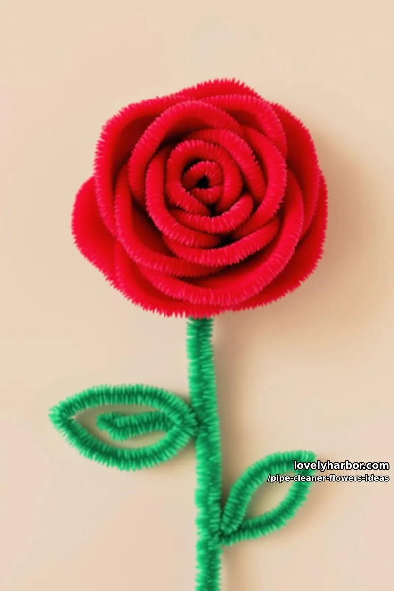 craft a vivid red rose with layered petals and curled green leaves display. 1