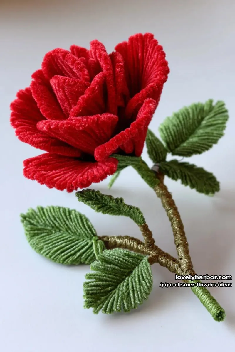 craft a vivid red rose with layered petals and curled green leaves display. 1