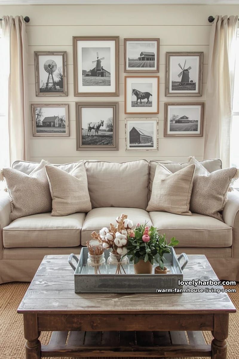 15 Ways to Style a Warm Farmhouse Living Room 17 create a gallery wall using black-and-white farmhouse prints in distressed frames 1