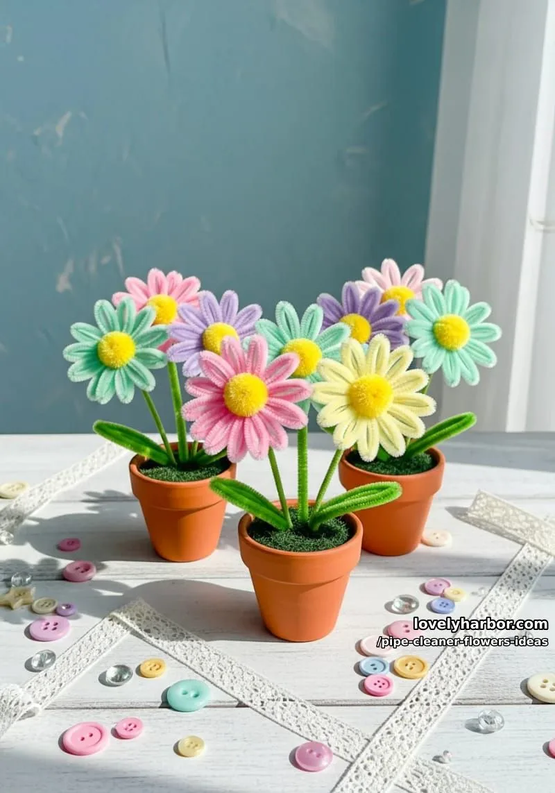 create a pastel daisy bouquet in mini terracotta pots for spring decor. 1