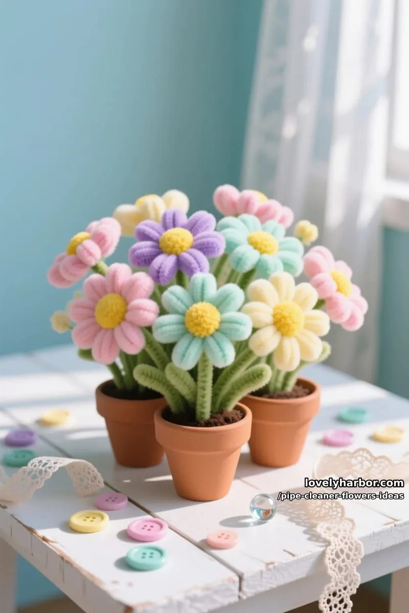 create a pastel daisy bouquet in mini terracotta pots for spring decor. 1