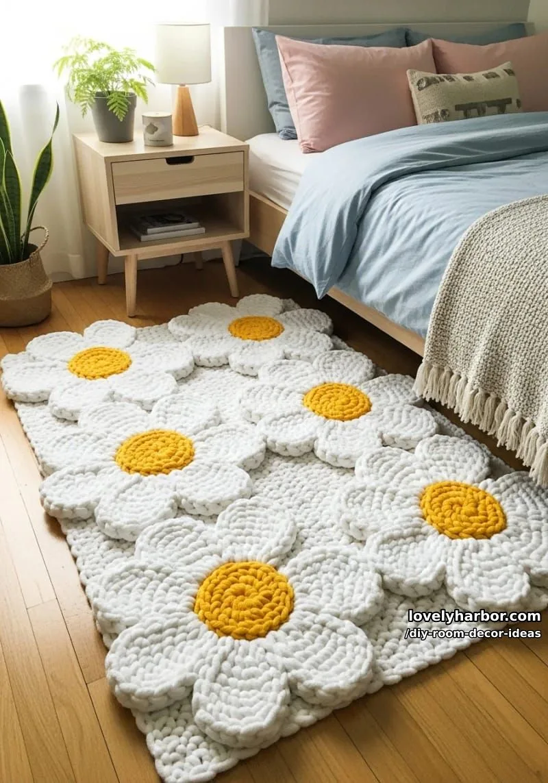 15 Creative DIY Room Decor Ideas to Add Color to Your Space 37 create a pom pom daisy rug with chunky yarn for a playful bedroom floor 1