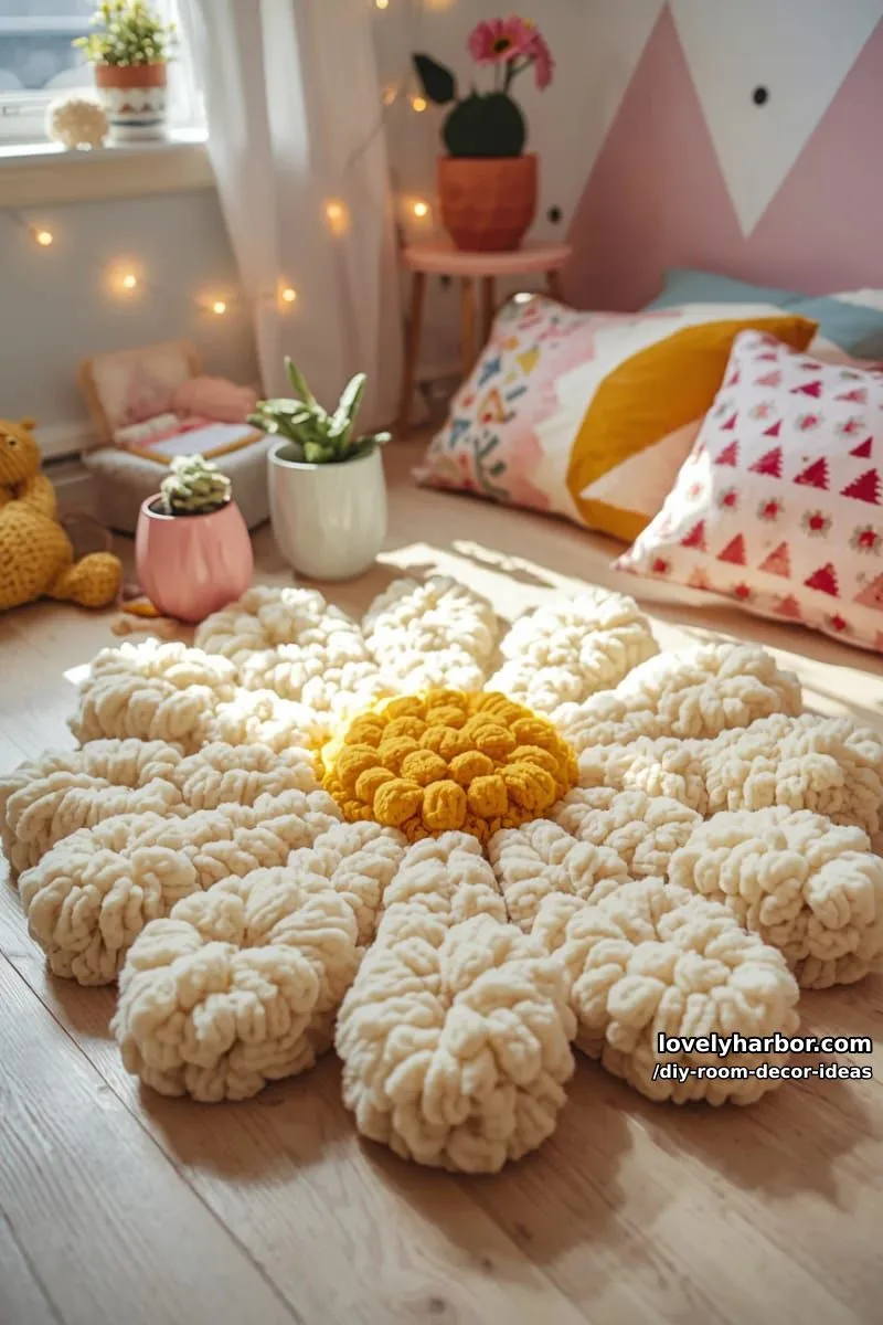 15 Creative DIY Room Decor Ideas to Add Color to Your Space 38 create a pom pom daisy rug with chunky yarn for a playful bedroom floor 1