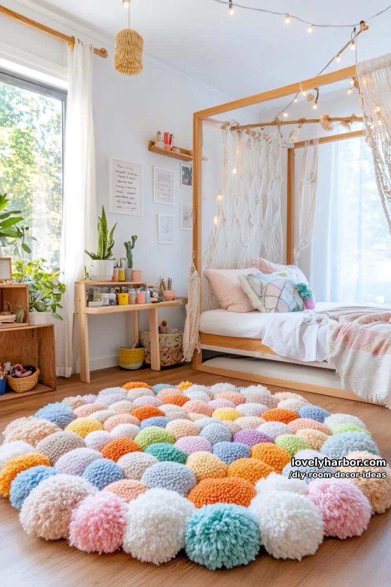 15 Creative DIY Room Decor Ideas to Add Color to Your Space 39 create a pom pom daisy rug with chunky yarn for a playful bedroom floor 1