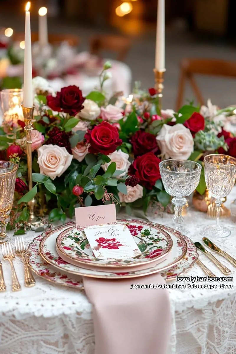 crystal goblets and vintage china with blush and crimson napkins 1