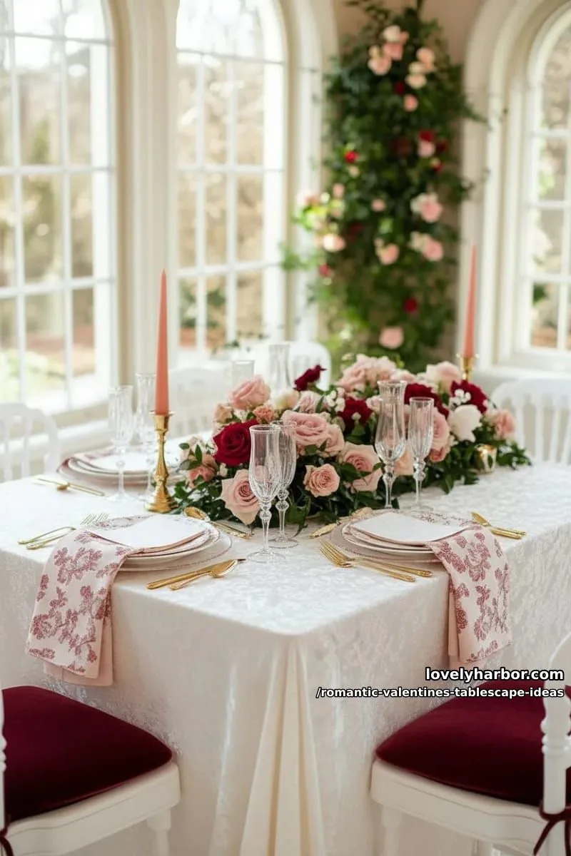 crystal goblets and vintage china with blush and crimson napkins 1