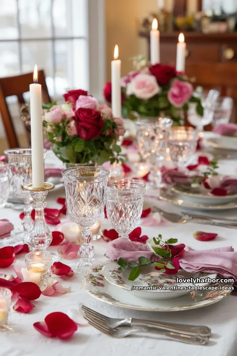 crystal goblets and vintage china with blush and crimson napkins 1