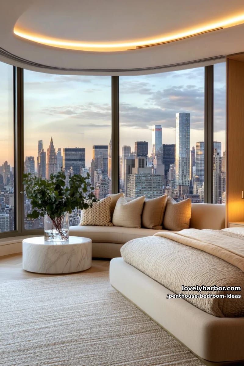 27 Modern Penthouse Bedroom Ideas That Wow 3 curved panoramic windows framing skyline views with plush tan bedroom seating nook 1