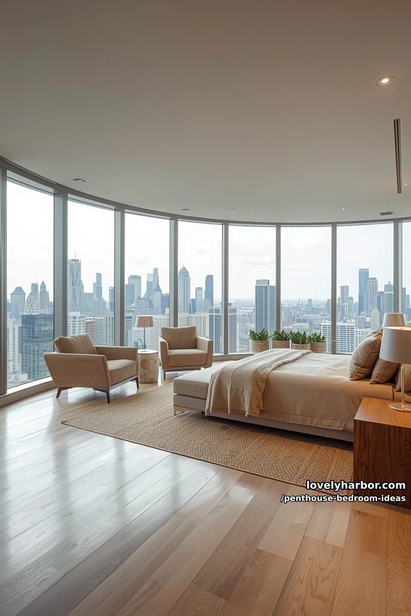 27 Modern Penthouse Bedroom Ideas That Wow 4 curved panoramic windows framing skyline views with plush tan bedroom seating nook 1