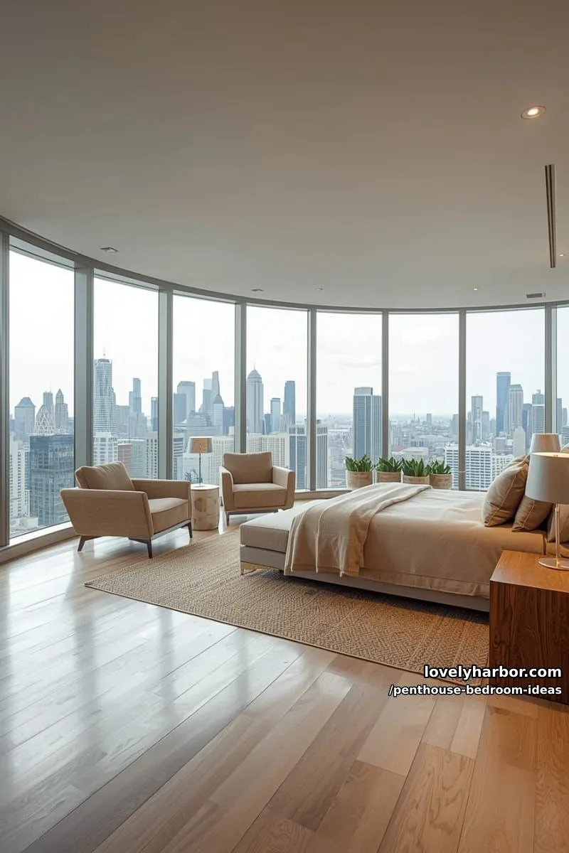 curved panoramic windows framing skyline views with plush tan bedroom seating nook 1