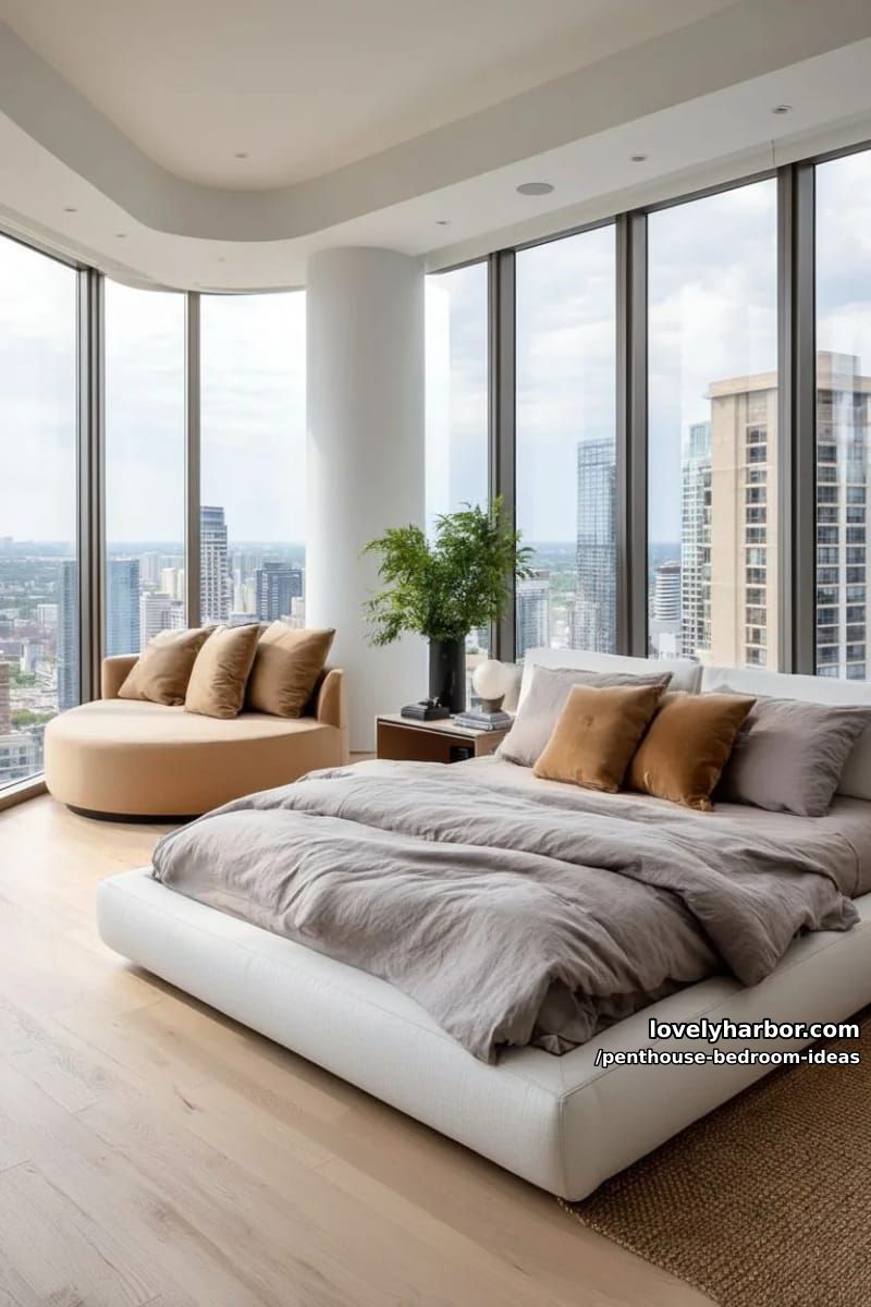 27 Modern Penthouse Bedroom Ideas That Wow 5 curved panoramic windows framing skyline views with plush tan bedroom seating nook 1
