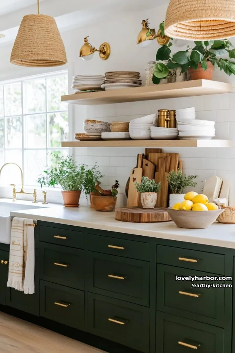 deep forest green lower cabinets and creamy stone worktops 1