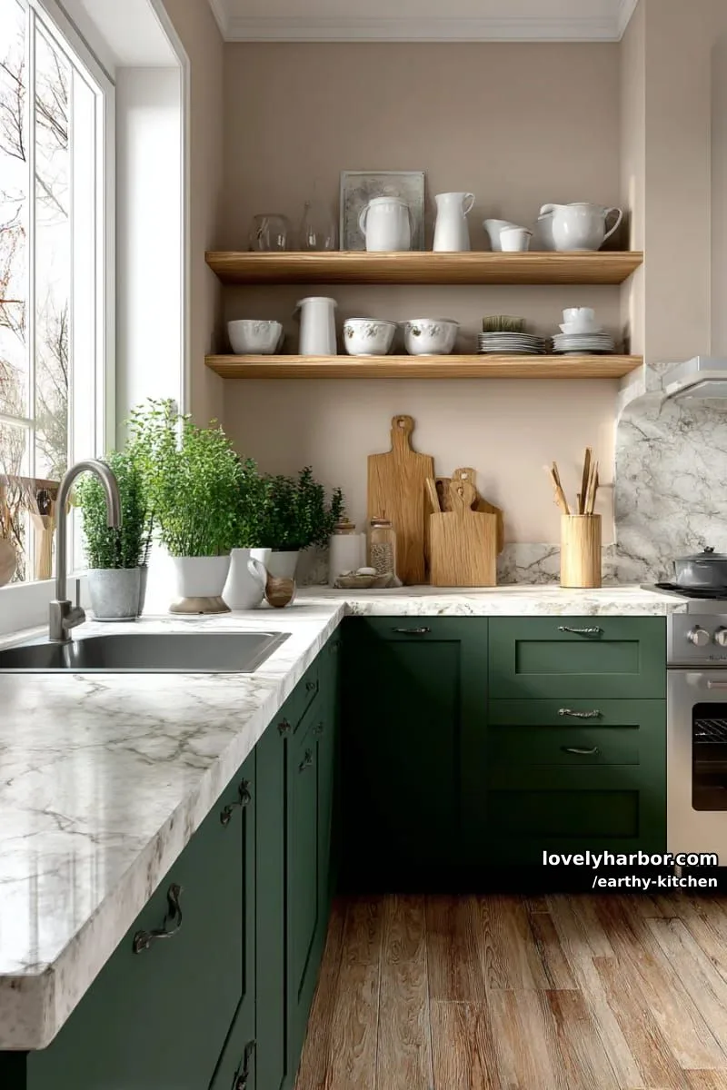 deep forest green lower cabinets and creamy stone worktops 1