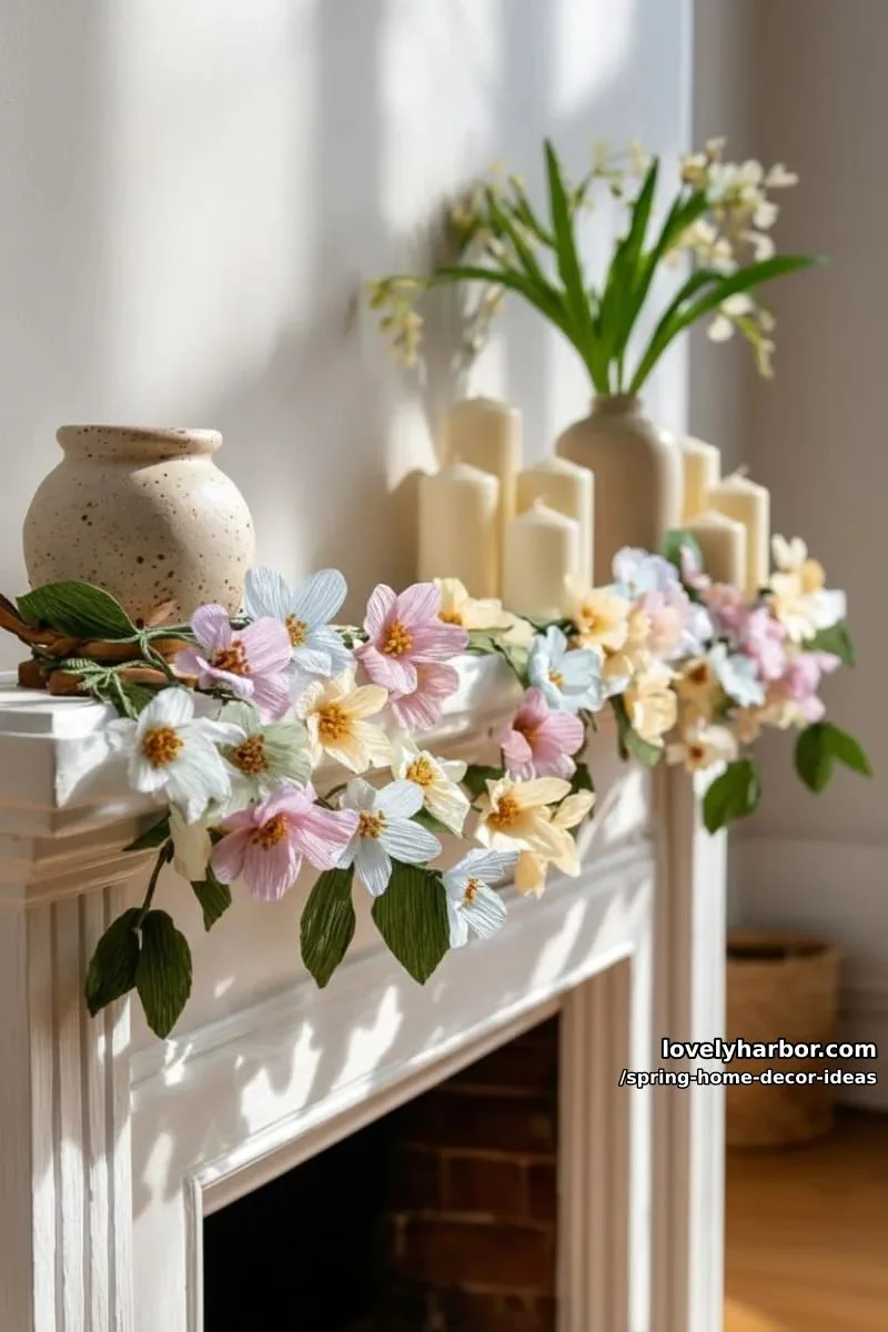 27 Gorgeous Spring Decor Ideas to Brighten Your Home 14 delicate paper flower garlands draped along a mantel for a fairytale vibe 1