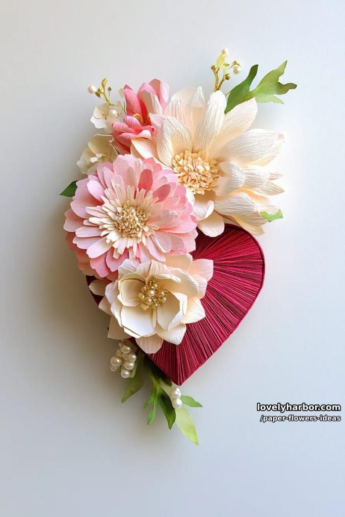 Decor 2 delicate pressed paper flowers layered over heart origami for unique card decor 16