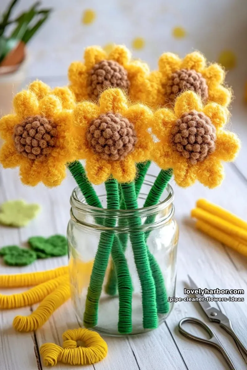 design a sunflower-inspired arrangement with fuzzy yellow petals and brown pompom centers. 1