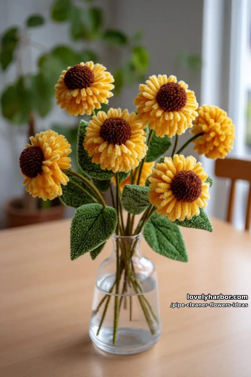 design a sunflower-inspired arrangement with fuzzy yellow petals and brown pompom centers. 1