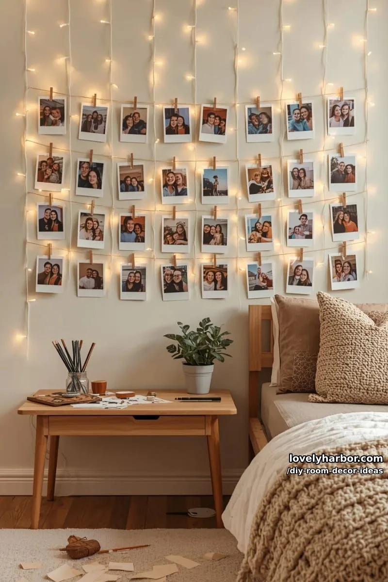 15 Creative DIY Room Decor Ideas to Add Color to Your Space 11 display polaroid memories on a fairy light photo wall with mini clothespins 1