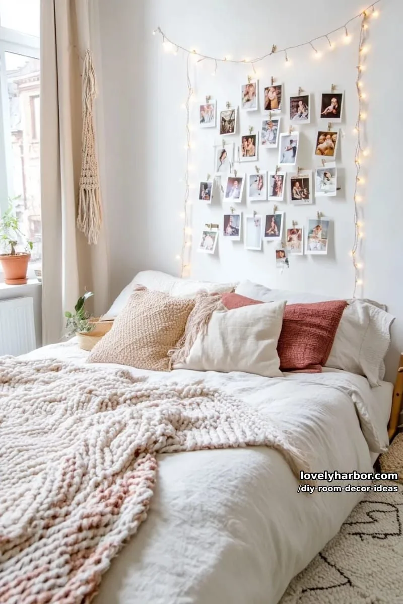 15 Creative DIY Room Decor Ideas to Add Color to Your Space 13 display polaroid memories on a fairy light photo wall with mini clothespins 1