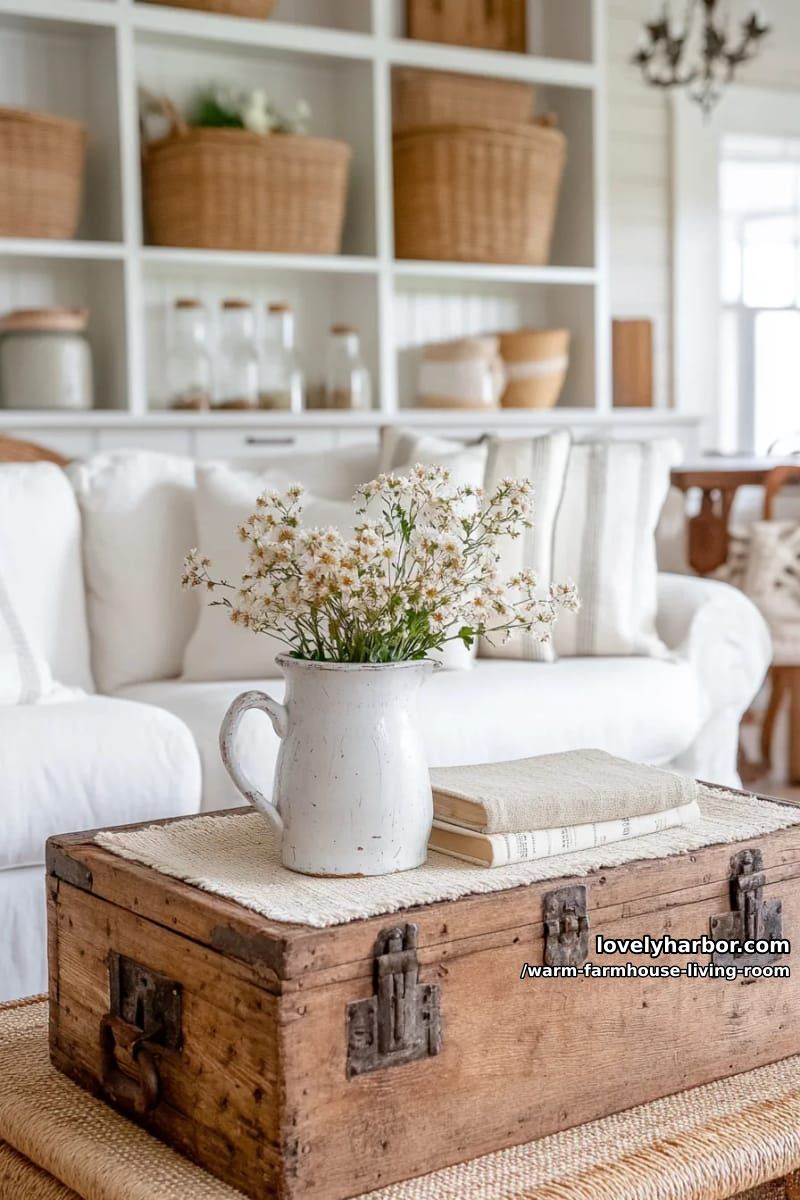 15 Ways to Style a Warm Farmhouse Living Room 28 display vintage trunks as a coffee table surrounded by farmhouse slipcovered seating 1