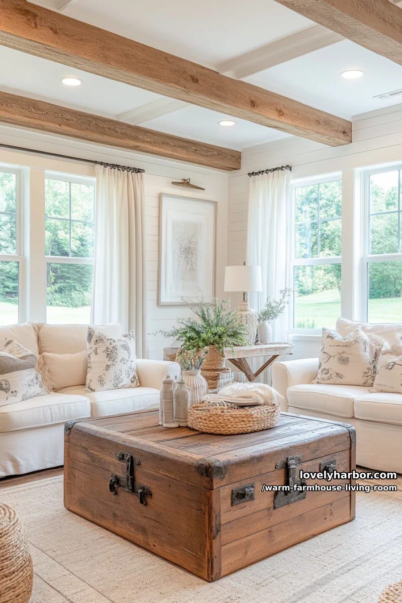 15 Ways to Style a Warm Farmhouse Living Room 29 display vintage trunks as a coffee table surrounded by farmhouse slipcovered seating 1
