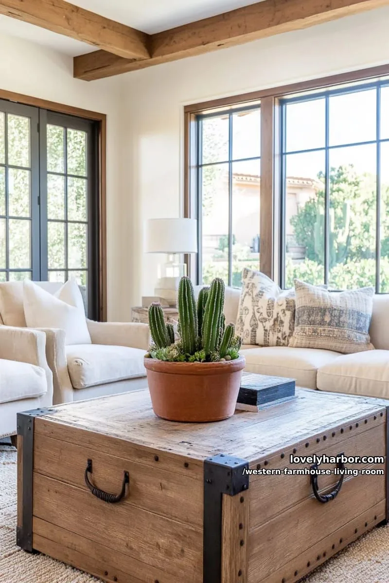 distressed wood coffee table with horseshoe handles and cactus centerpiece 1