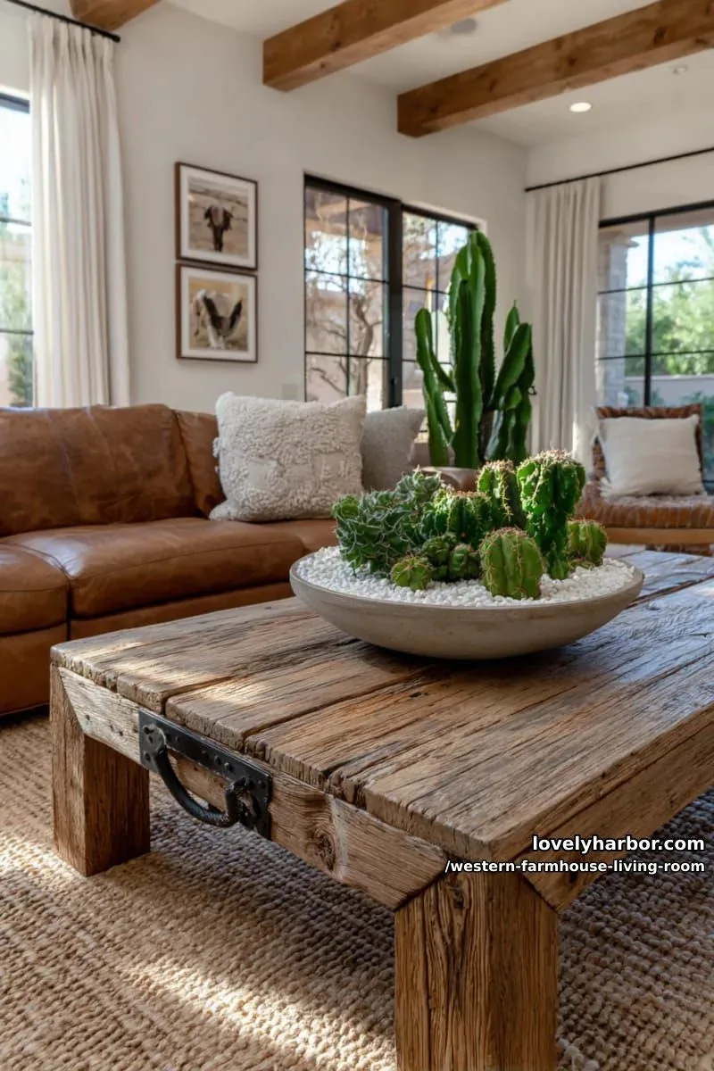 distressed wood coffee table with horseshoe handles and cactus centerpiece 1