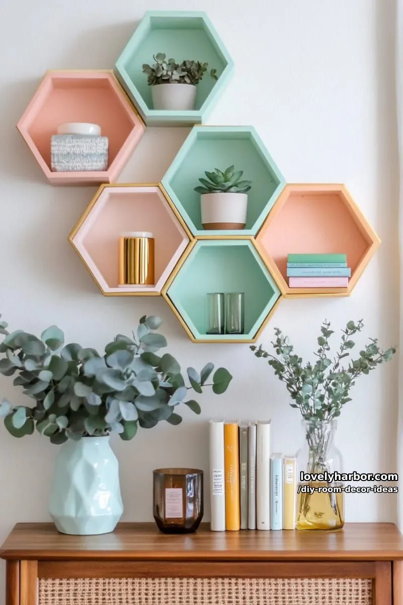 15 Creative DIY Room Decor Ideas to Add Color to Your Space 4 diy hexagon honeycomb wall shelves painted in pastel colors for modern storage 1