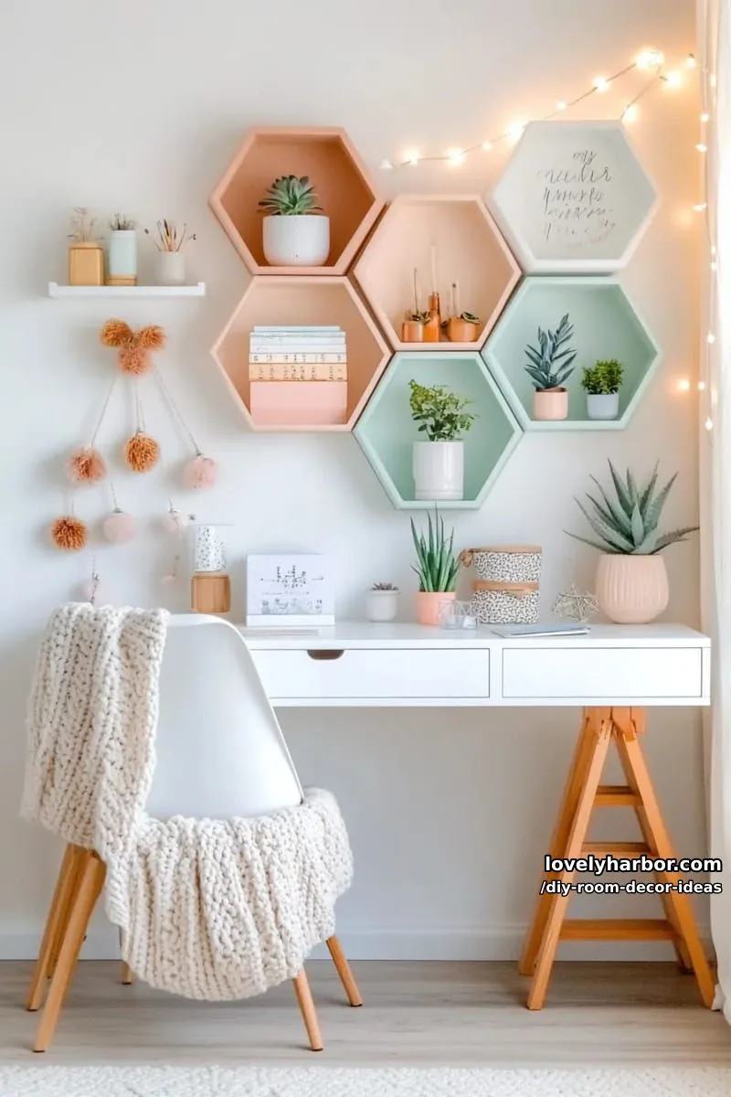 15 Creative DIY Room Decor Ideas to Add Color to Your Space 6 diy hexagon honeycomb wall shelves painted in pastel colors for modern storage 1