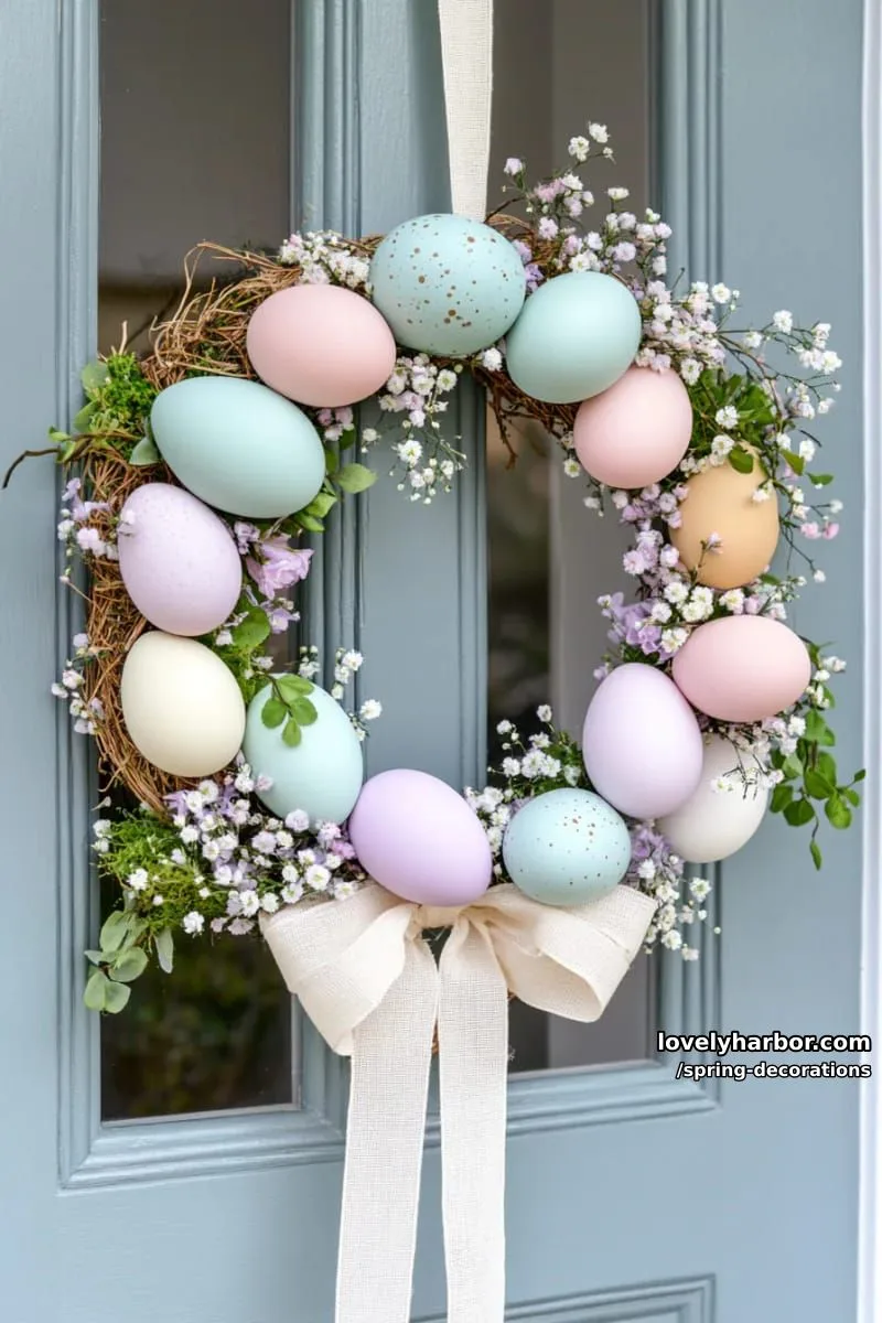 diy pastel egg wreath with mini florals for a welcoming front door 1