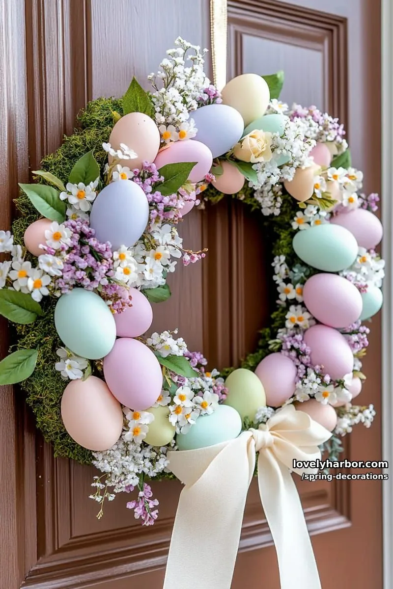 diy pastel egg wreath with mini florals for a welcoming front door 1