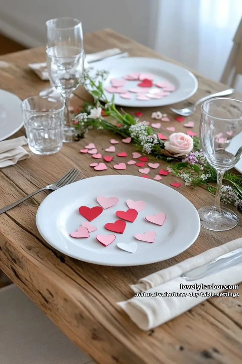 15 Natural Valentine’s Day Table Settings Perfect for a Romantic Table for Two 28 diy seed paper heart confetti sprinkled along a rustic wooden table 1