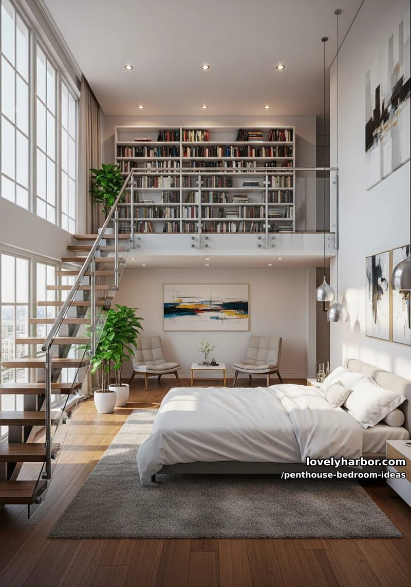 27 Modern Penthouse Bedroom Ideas That Wow 47 double-height loft with mezzanine library overlooking the main bedroom 1