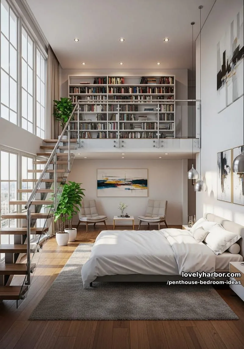double-height loft with mezzanine library overlooking the main bedroom 1