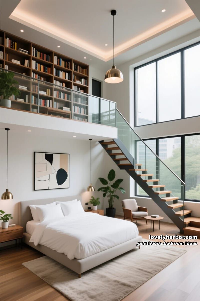 27 Modern Penthouse Bedroom Ideas That Wow 48 double-height loft with mezzanine library overlooking the main bedroom 1
