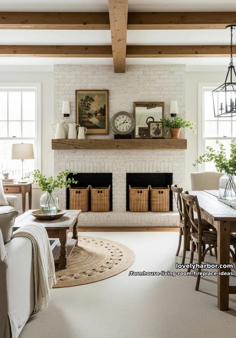double-sided fireplace dividing living and dining areas with wicker baskets underneath 1